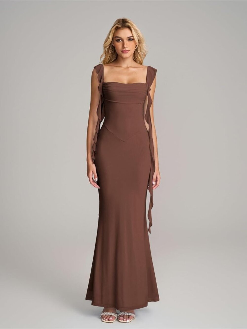 Women's Brown Boat Neck Elegant Ruffle Bodycon Formal Cocktail Maxi Dress - Picture 4 of 5